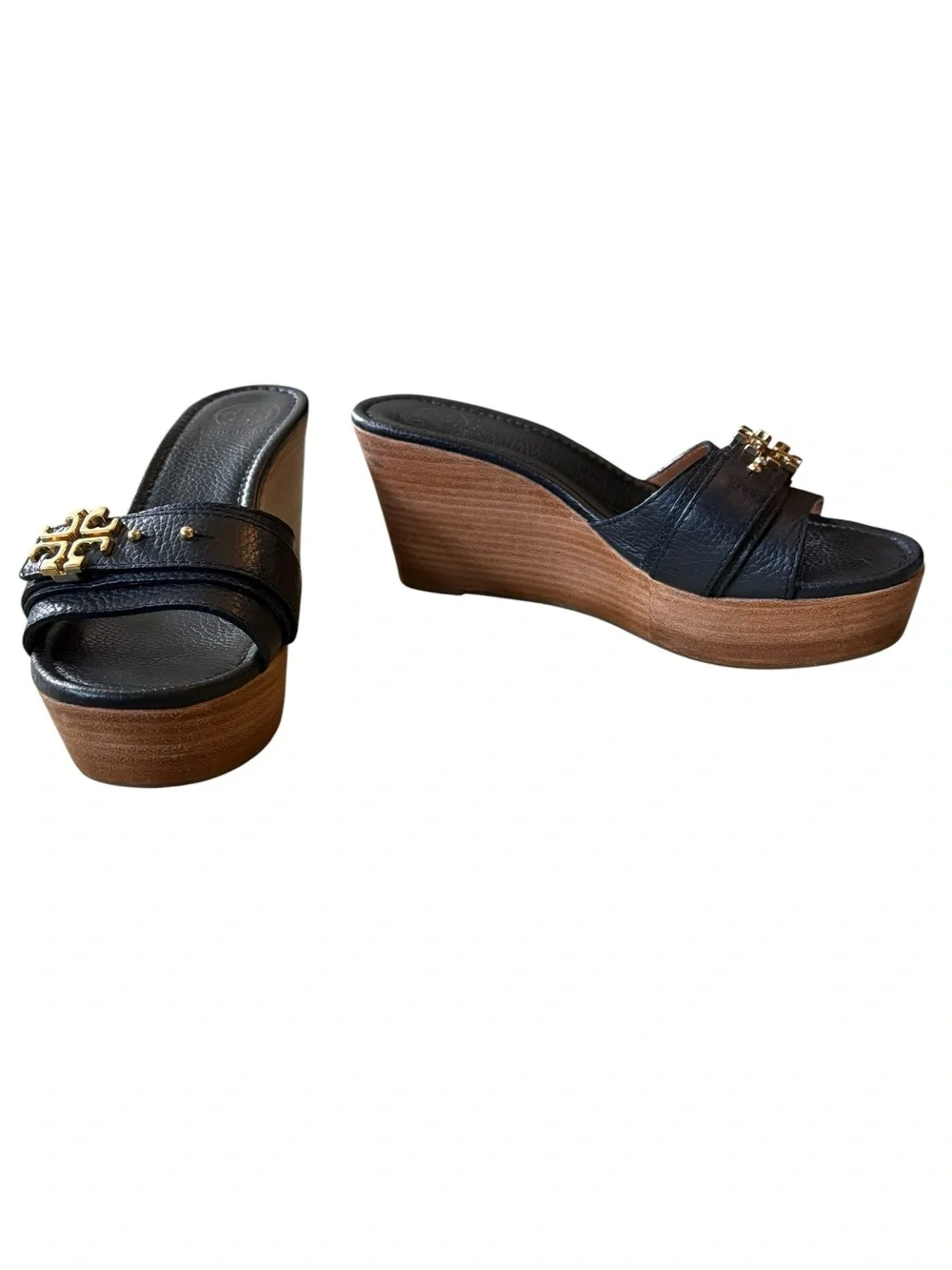 Tory Burch Elina Black Leather Gold Logo Plstform Wedge Sandals - 8.5